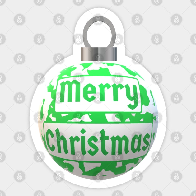 Christmas Tree Ornament with Merry Christmas Greeting and Wintergreen and White Abstract Peppermint Candy Cane Design Sticker by Art By LM Designs 